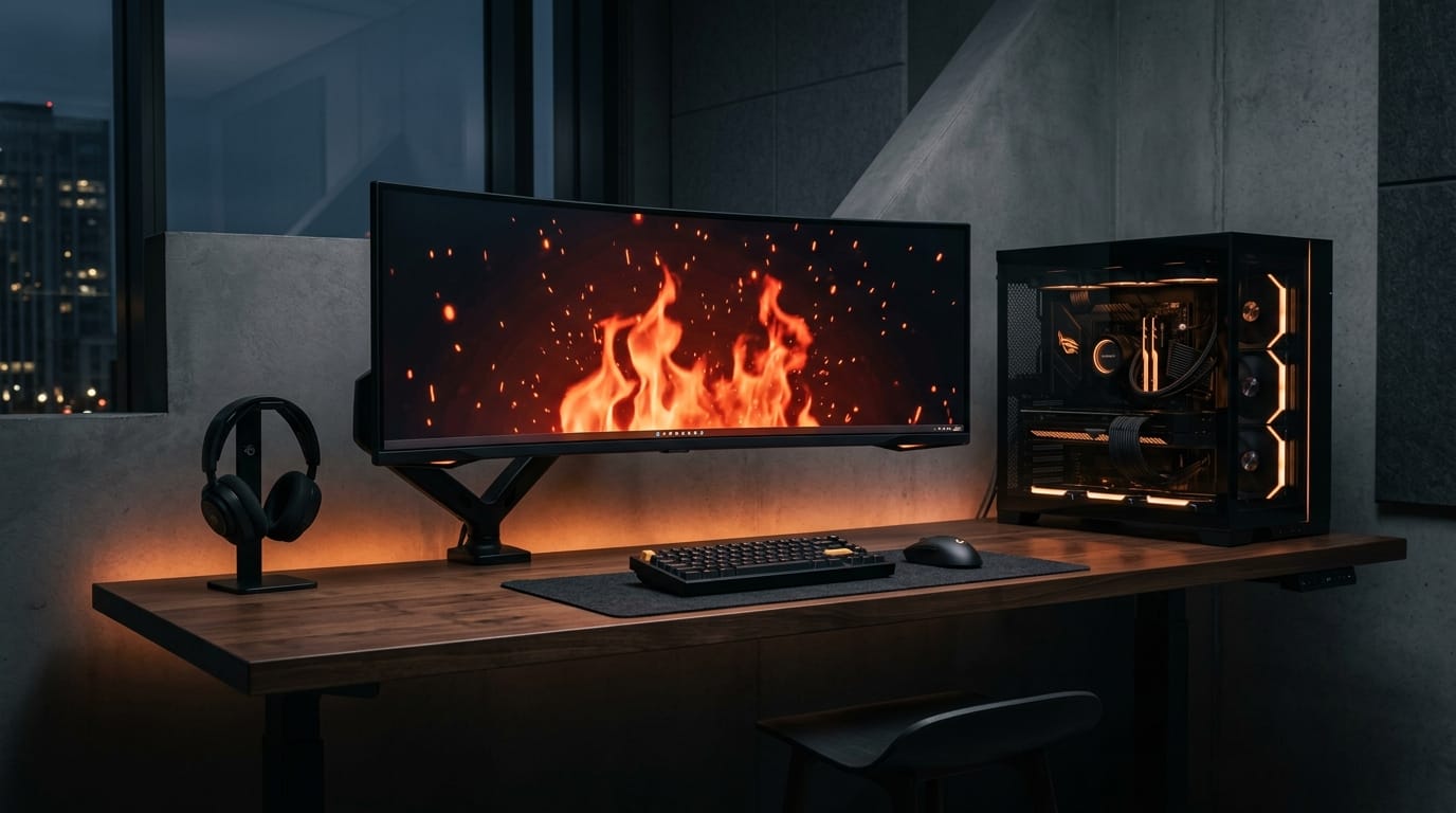 IronHawk custom liquid-cooled gaming battlestation with ultra-wide display