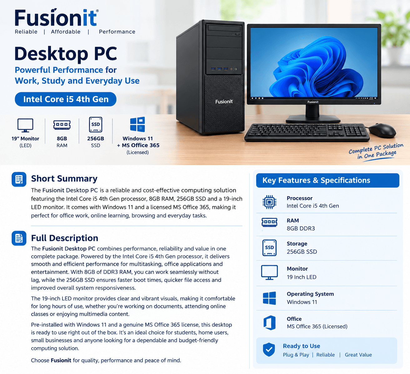 Fusionit Desktop PC Intel Core i5 4th Gen | 8GB Ram | 256GB SSD | 19 Inch Monitor - View 4