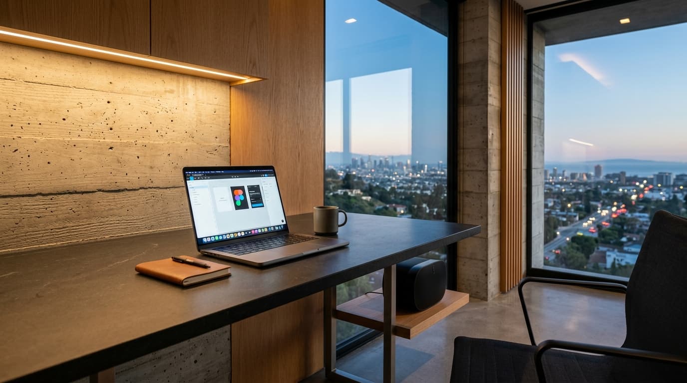 High-end minimalist creator studio workstation setup with aluminum chassis