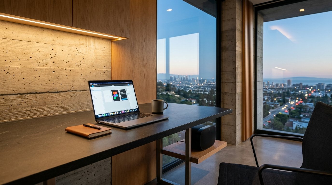 High-end minimalist creator studio workstation setup with aluminum chassis