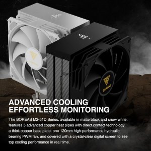 Gamdias Boreas M2-51D CPU Cooler 120mm Fan, CPU Temperature Fan Speed Display | Support AMD & Intel CPU Socket AM5, AM4 / LGA 1700, 1200, 1151, 1150/ PWM Case Fans/72.94CFM Air Flow/ 5 Heat Pipes