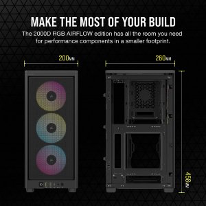 CORSAIR iCUE 2000D RGB Airflow Mini-ITX PC Case - Black - Mini-ITX Form-Factor - Steel Mesh Panels - 3X CORSAIR AF120 RGB Slim Fans Included - iCUE Lighting Node CORE Controller