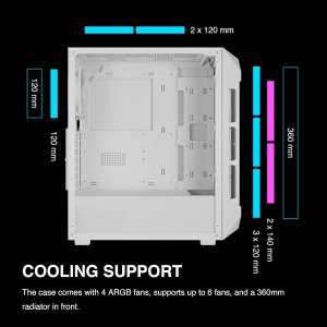 GAMDIAS Aura GC1 Elite WH V2 | White ATX Mid Tower Gaming Computer PC Case w/Tempered Glass, Built-in 4X 120mm ARGB Fans, Support Up to 6X 120mm Fans, 360mm AIO/Radiator, 340mm GPU/VGA