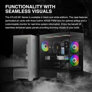 GAMDIAS Atlas M1, Mid Tower Gaming PC Case w/Display, ATX Tempered Glass PC Case, 3x120mm ARGB PWM Fans, Up to RTX GPU/VGA 410mm & 360mm AIO/Radiator & 6x120mm Fans & 160mm CPU Cooler - Black