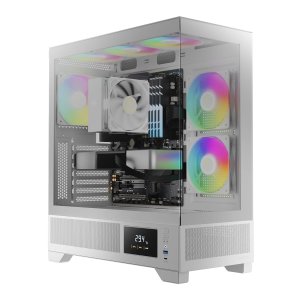 GAMDIAS Atlas M1 White, Mid Tower Gaming PC Case w/Display, ATX Tempered Glass PC Case, 3x120mm ARGB PWM Fans, Up to RTX GPU/VGA 410mm & 360mm AIO/Radiator & 6x120mm Fans & 160mm CPU Cooler