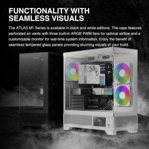 GAMDIAS Atlas M1 White, Mid Tower Gaming PC Case w/Display, ATX Tempered Glass PC Case, 3x120mm ARGB PWM Fans, Up to RTX GPU/VGA 410mm & 360mm AIO/Radiator & 6x120mm Fans & 160mm CPU Cooler