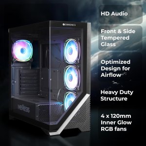 ZEBRONICS Nemesis Premium Gaming Cabinet/Case, Mid-Tower, Supports ATX | mATX, 4X Center Infinity ARGB Fans, AIO Upto 360mm, LED Control Switch, Front + Side Tempered Glass, USB 3.0 (Black)
