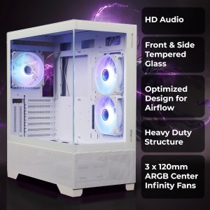 ZEBRONICS Atlas Premium Gaming Cabinet/Case, Mid-Tower, Supports ATX | mATX, 3X Center Infinity ARGB Fans, AIO Upto 360mm, Front + Side Tempered Glass, Type C + USB 3.0 (White)