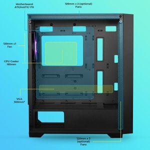 ZEBRONICS Aurora Mid-Tower Premium Gaming Cabinet, ATX, 4 x ARGB Fan, LED Control Switch, Tempered Glass Panel, USB 3.0, 360mm Front or 240mm Top AIO Cooler Support with Top & Bottom Dust Filter