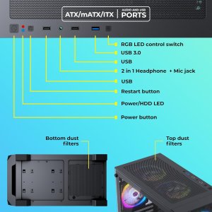 ZEBRONICS Aurora Mid-Tower Premium Gaming Cabinet, ATX, 4 x ARGB Fan, LED Control Switch, Tempered Glass Panel, USB 3.0, 360mm Front or 240mm Top AIO Cooler Support with Top & Bottom Dust Filter