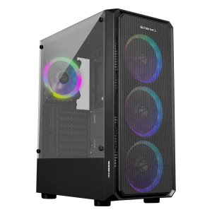 ZEBRONICS Invicta Mid-Tower Premium Gaming Cabinet ATX/MicroATX/Mini ITX, 3X 120mm Front + 1x 120mm Rear Fan, Halo Glow Ring RGB Fans, RGB LED Modes, Tempered Glass Side Panel