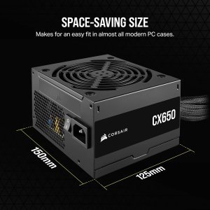 CORSAIR Series CX650 80 Plus Bronze ATX Power Supply, A 120mm thermally Controlled Low-Noise Cooling Fan, Compact 125mm-long casing, Black Sleeved Cables and Powder-Coated casing