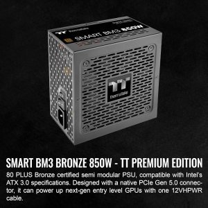 Thermaltake Smart BM3 850W 80Plus Bronze ATX 3.0 & PCIE 5.0 Ready Semi-Modular Power Supply; 105°C/221°F Japanese Capacitor; 5 Year Warranty; PS-SPD-0850MNFABU-3