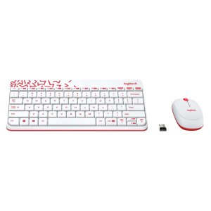 Logitech MK240 Nano USB Wireless Keyboard and Mouse Set, 12 Function Keys 2.4GHz Wireless, 1000DPI,Spill-Resistant Design, PC/Mac, White/Vivid Red