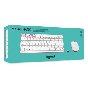 Logitech MK240 Nano USB Wireless Keyboard and Mouse Set, 12 Function Keys 2.4GHz Wireless, 1000DPI,Spill-Resistant Design, PC/Mac, White/Vivid Red