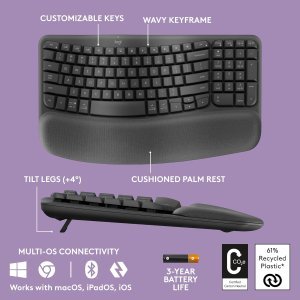 Logitech Wave Keys Wireless Ergonomic Keyboard with Cushioned Palm Rest, Comfortable Natural Typing, Easy-Switch, Bluetooth, Logi Bolt Receiver, for Multi-OS, Windows/Mac - Graphite