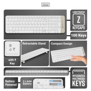 ZEBRONICS Companion 104 2.4GHz Wireless Keyboard & Mouse Combo, 100 Keys, Laser Printed Keycaps, Integrated Multimedia Keys, 3 Button Mouse, 1200 DPI, High Precision, Advanced Optical Sensor (White)
