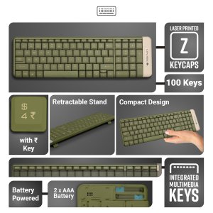 ZEBRONICS Companion 104 2.4GHz Wireless Keyboard & Mouse Combo, 100 Keys, Laser Printed Keycaps, Integrated Multimedia Keys, 3 Button Mouse, 1200 DPI, High Precision, Advanced Optical Sensor (Green)