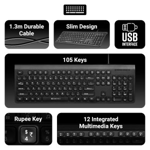 ZEBRONICS JUDWAA 880 Wired USB Keyboard & Mouse Combo, Plug & Play, 105 +12 Integrated Multimedia Keys, 3 Button Mouse, 1000 DPI, High Precision, Advanced Optical Sensor