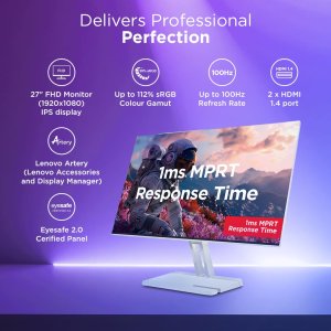 Lenovo L-Series 27 inch (68.5cm) FHD IPS Monitor| 100Hz, 1ms, FreeSync, 99% sRGB, 3Wx2 Speakers, Smart Display Customization Artery, 2X HDMI 1.4, 1x VGA, Tilt, Cloud Grey, L27i-4A