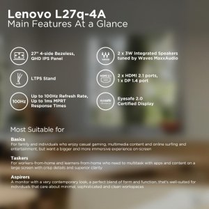 Lenovo L-Series 27 inch (68.5cm) QHD IPS Monitor| 100Hz, 1ms, FreeSync, 99% sRGB, 90?I-P3, 3Wx2 Speakers, 2X HDMI 2.1, 1x DP 1.4, Tilt, Swivel, Pivot Height Adjust Stand, Grey, L27q-4A